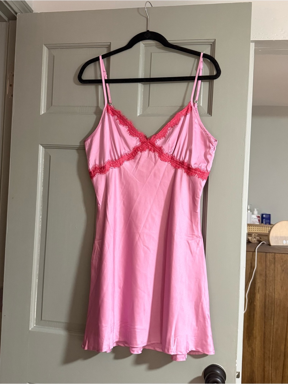Le Lis Pink Slip Dress with Dark Pink Lace Trim NWT size L